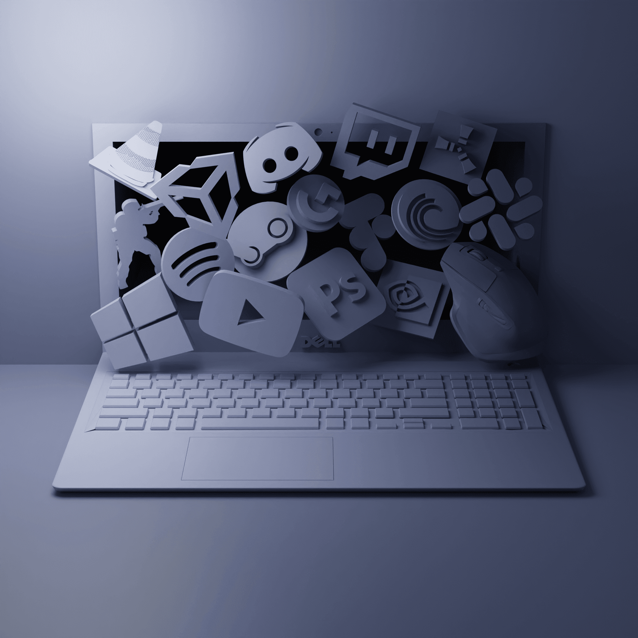 Creative 3d design of logos overflowing from a laptop