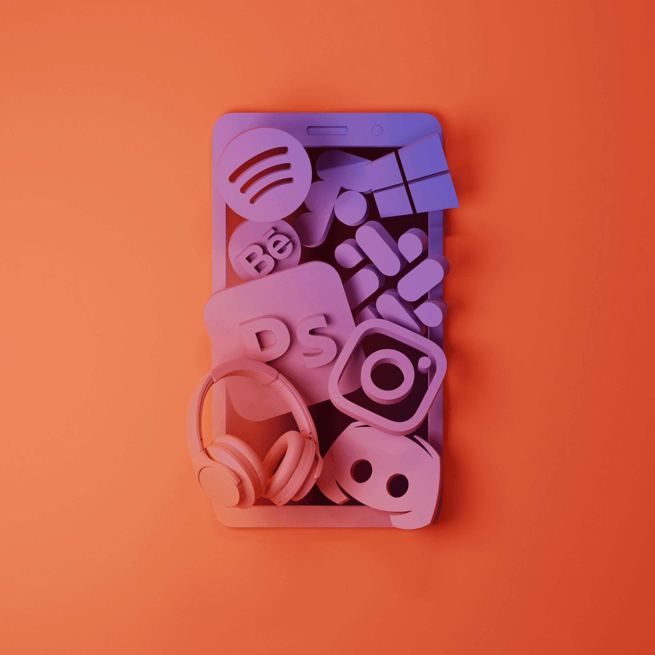 Creative 3d design of logos overflowing from a phone